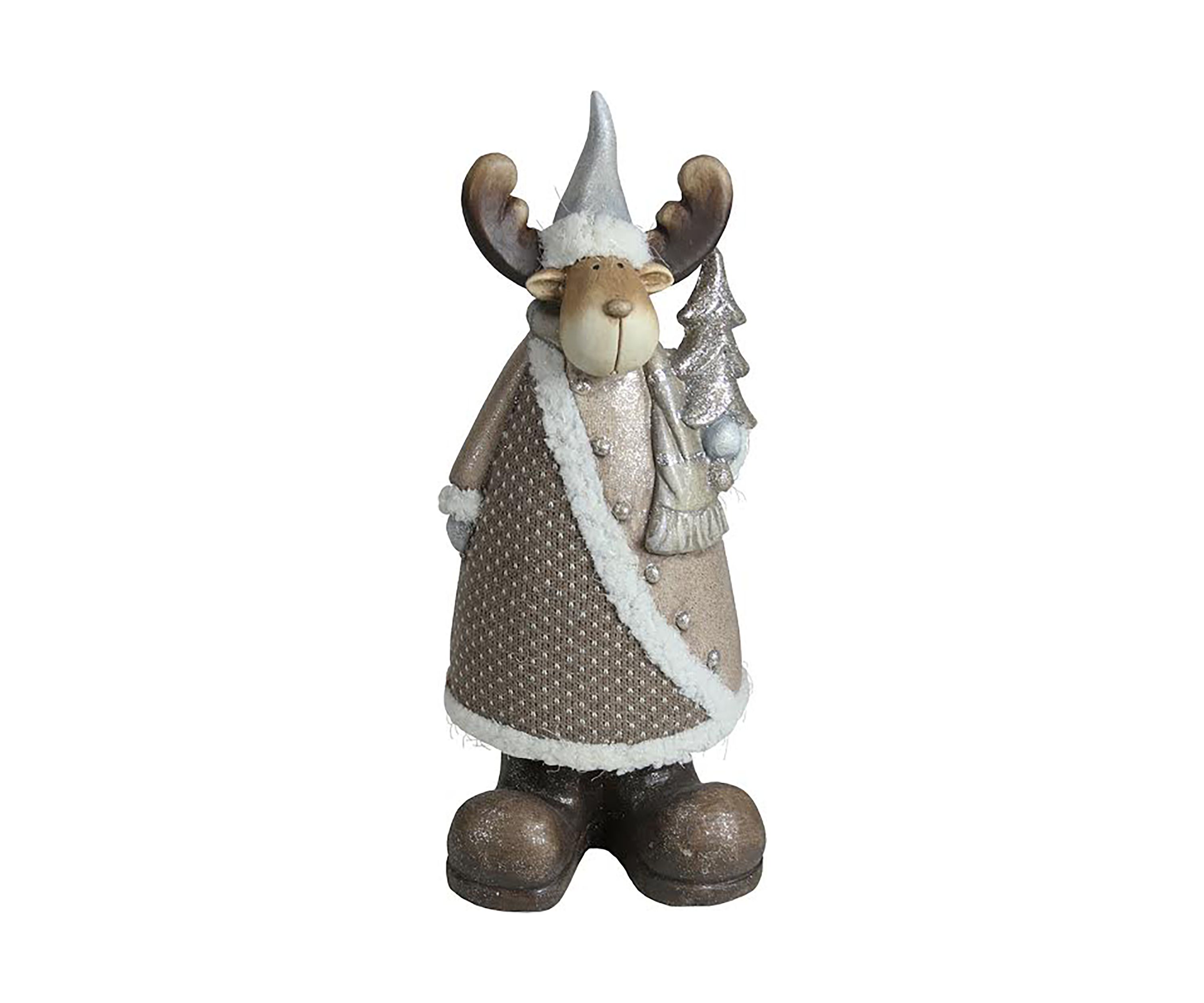 15.75Inch Brown and White Reindeer with Christmas Tree Tabletop Figurine