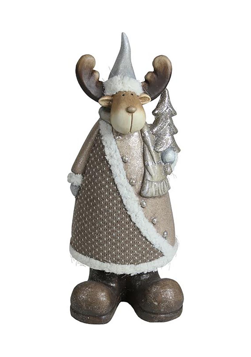 15.75Inch Brown and White Reindeer with Christmas Tree Tabletop Figurine