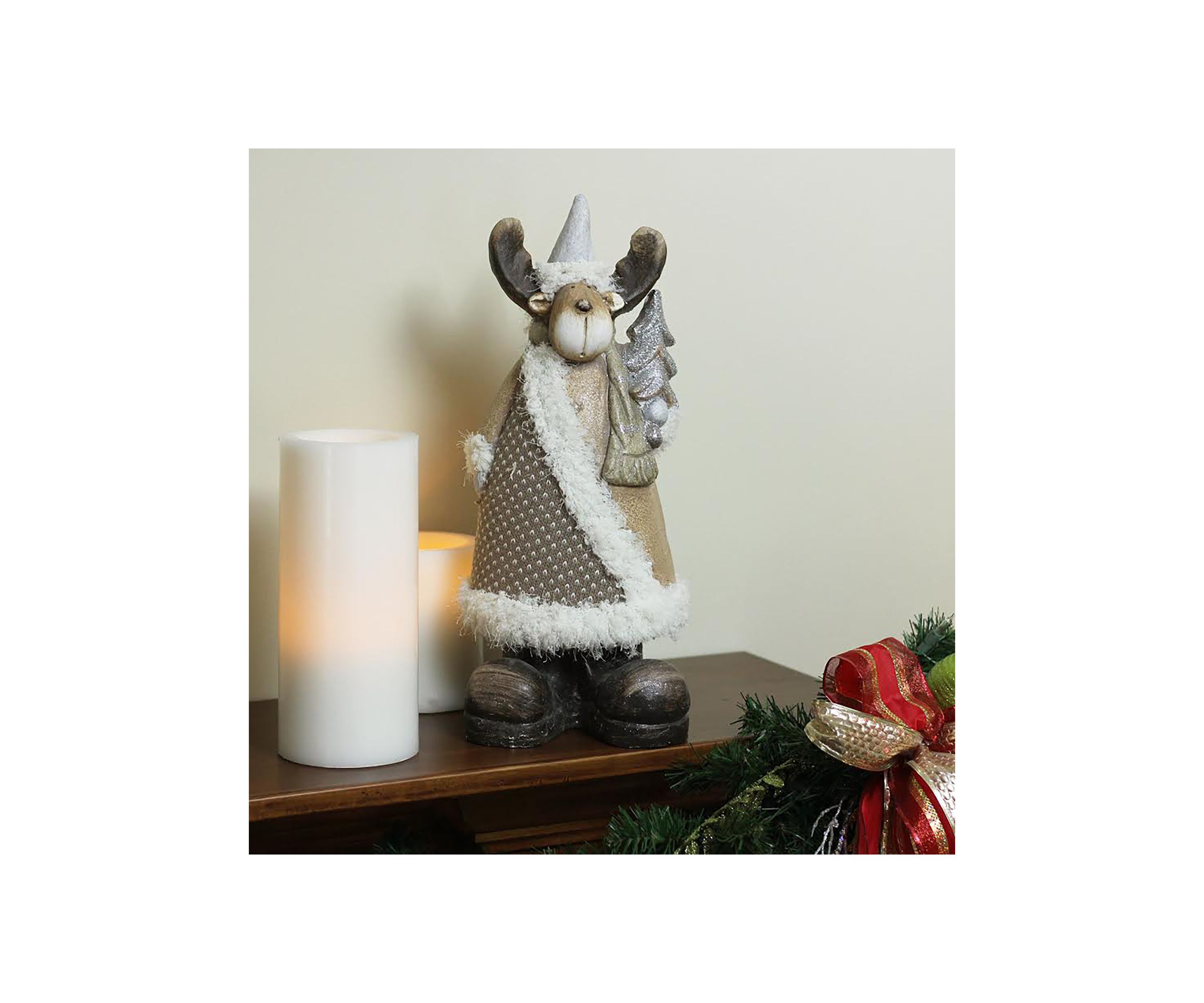 15.75Inch Brown and White Reindeer with Christmas Tree Tabletop Figurine