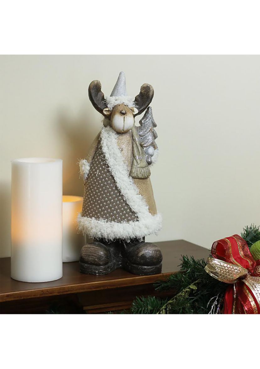 15.75Inch Brown and White Reindeer with Christmas Tree Tabletop Figurine