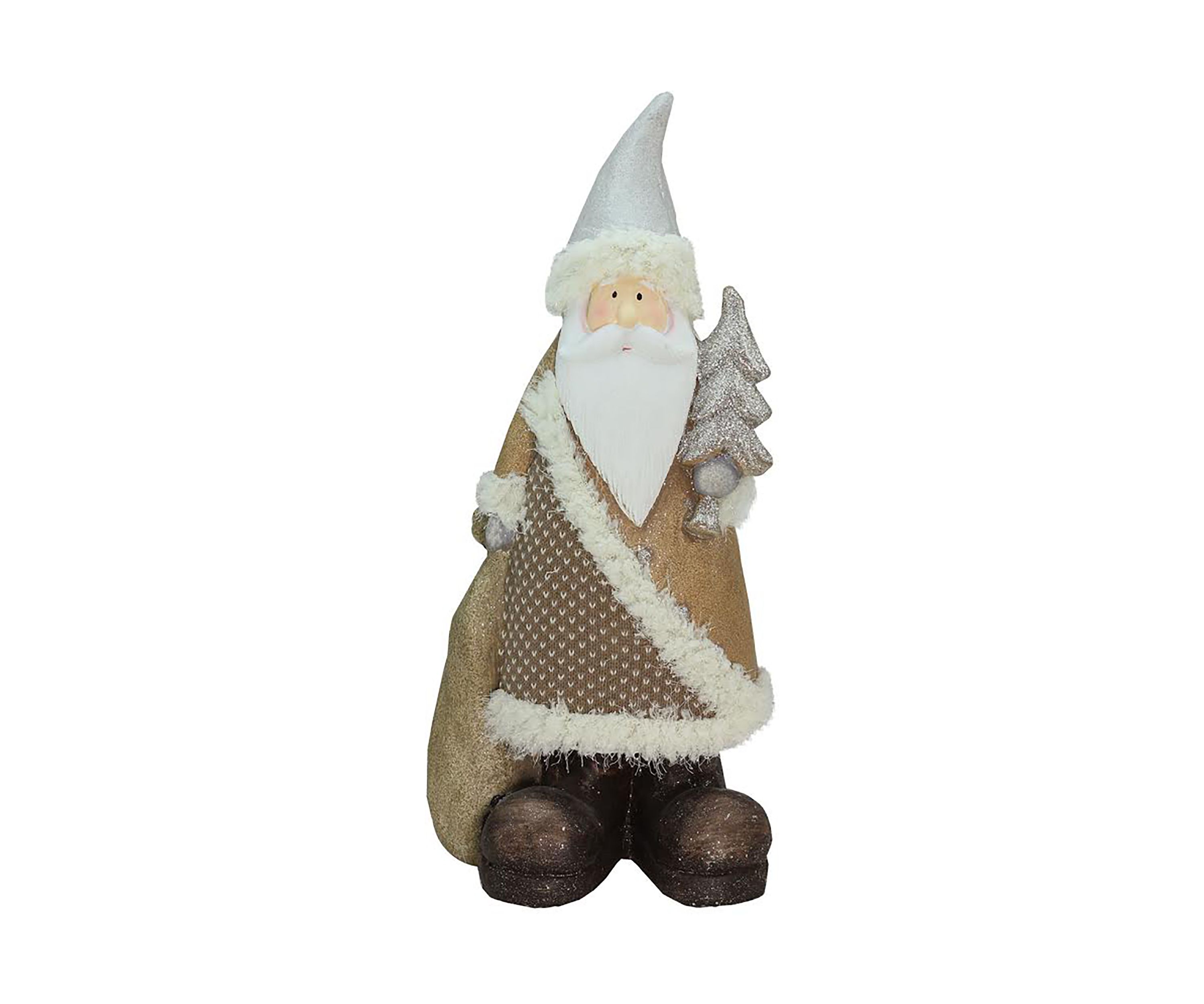 18.5Inch Brown and White Santa Holding Christmas Tree Tabletop Figurine
