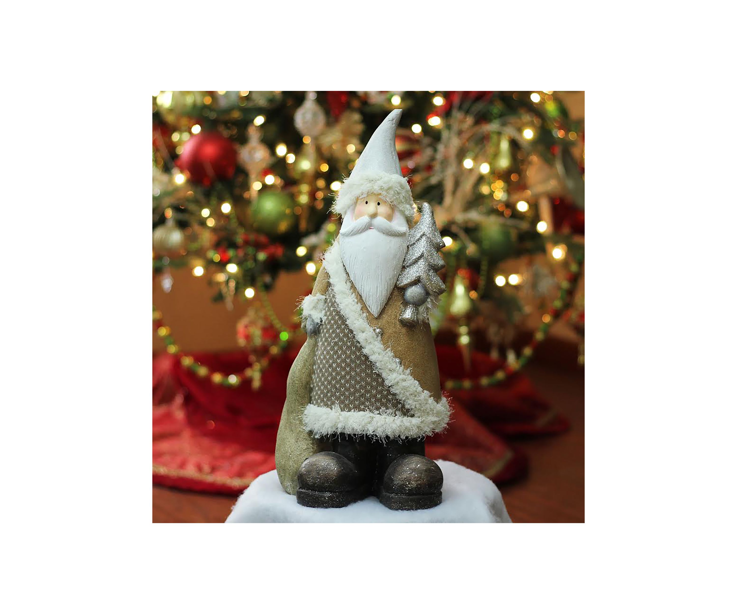 18.5Inch Brown and White Santa Holding Christmas Tree Tabletop Figurine