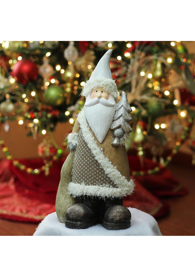 18.5Inch Brown and White Santa Holding Christmas Tree Tabletop Figurine