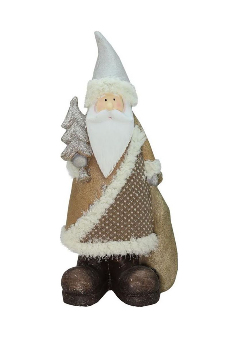 18.5Inch Brown and White Santa Holding Christmas Tree Tabletop Figurine