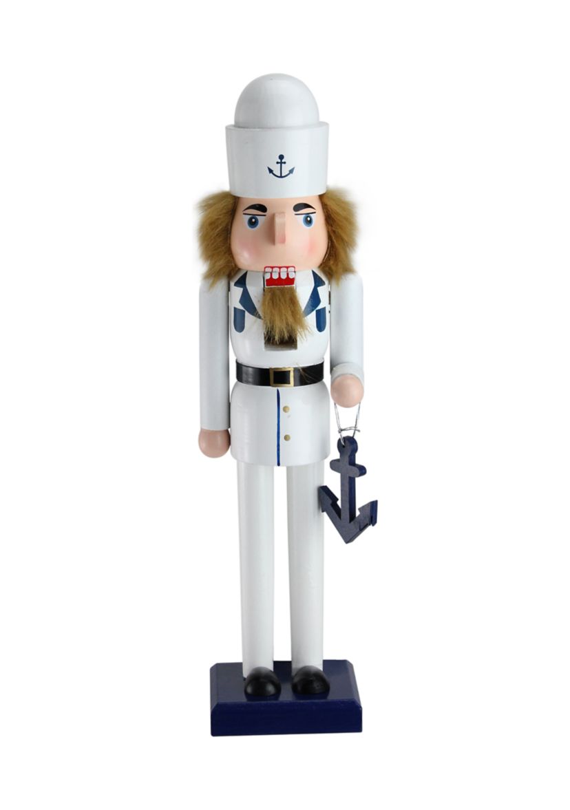 15Inch White and Blue Navy Sailor with Anchor Wooden Christmas Nutcracker