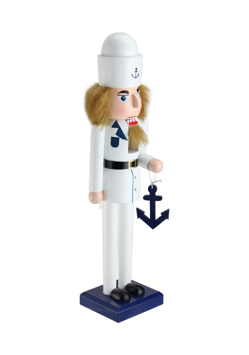15Inch White and Blue Navy Sailor with Anchor Wooden Christmas Nutcracker