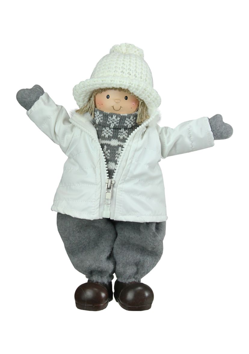 12Inch White and Gray Joyful Standing Boy Christmas Tabletop Figurine