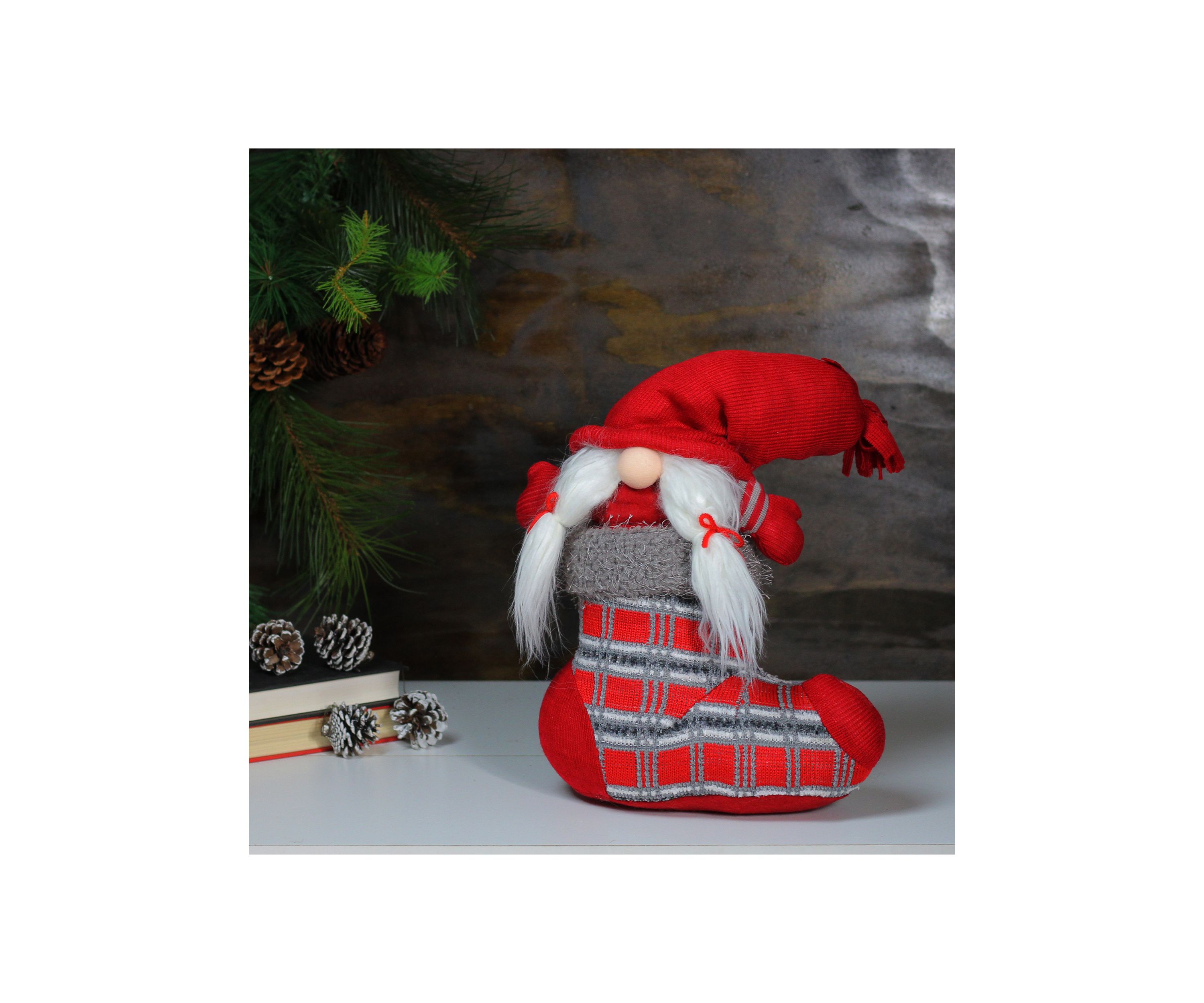 14.5Inch Red and Gray InchIsoldeInch Gnome in Christmas Stocking Tabletop Decoration