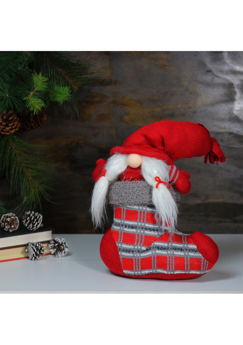 14.5Inch Red and Gray InchIsoldeInch Gnome in Christmas Stocking Tabletop Decoration