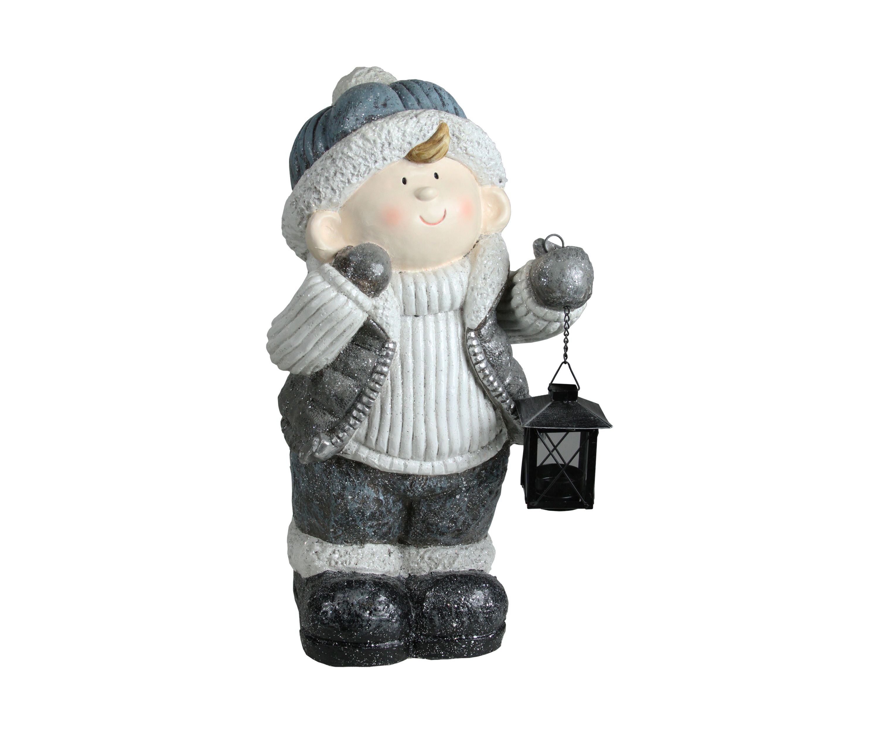 18.5" White and Gray Little Boy Holding Tea Light Lantern Christmas Tabletop Figure