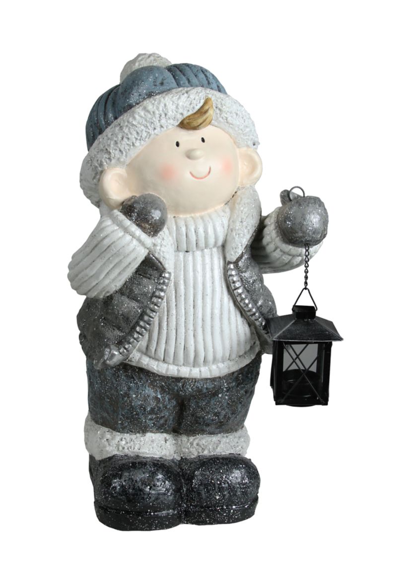 18.5" White and Gray Little Boy Holding Tea Light Lantern Christmas Tabletop Figure