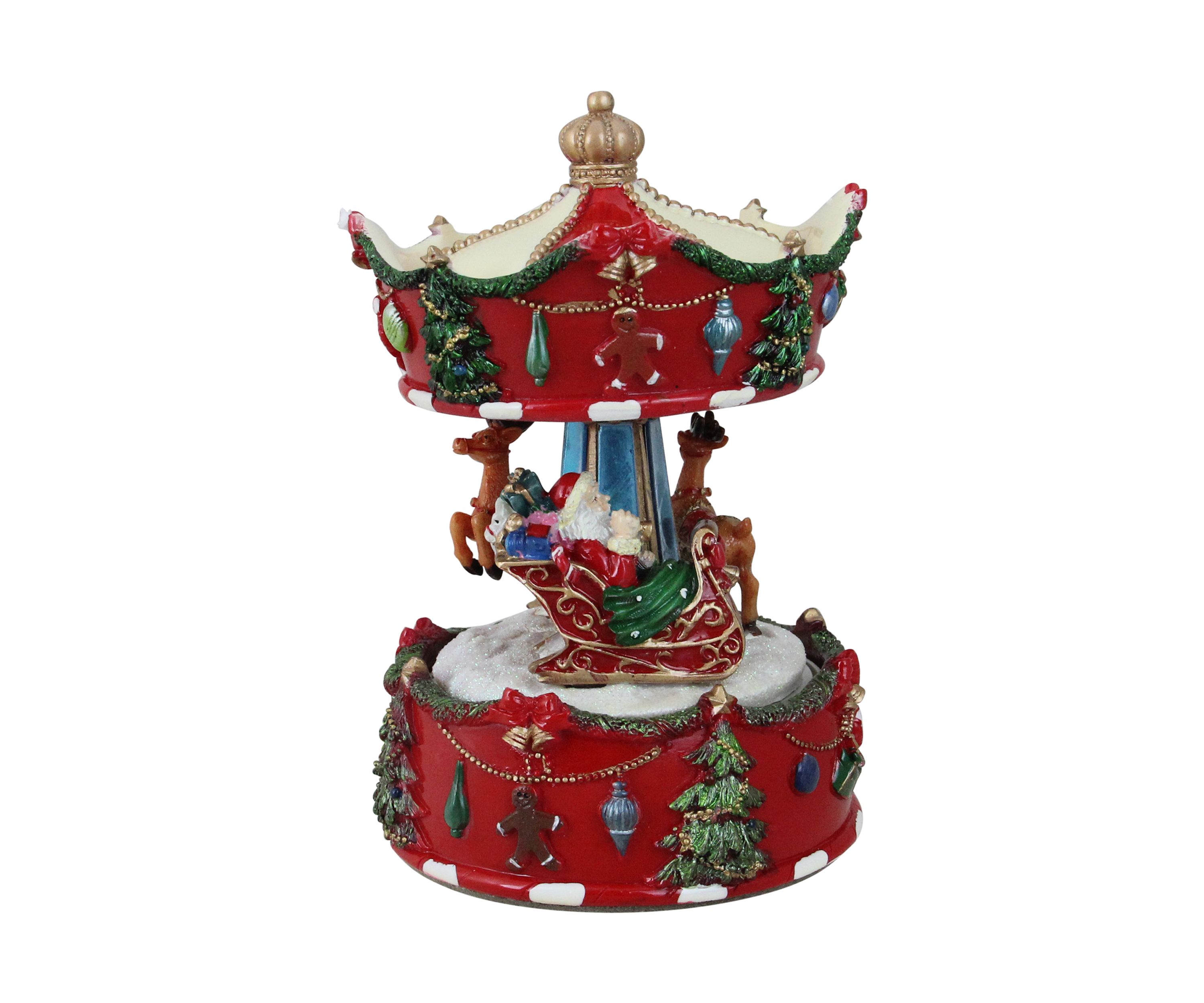 6.5Inch Red Santa and Reindeer Animated Christmas Carousel Music Box