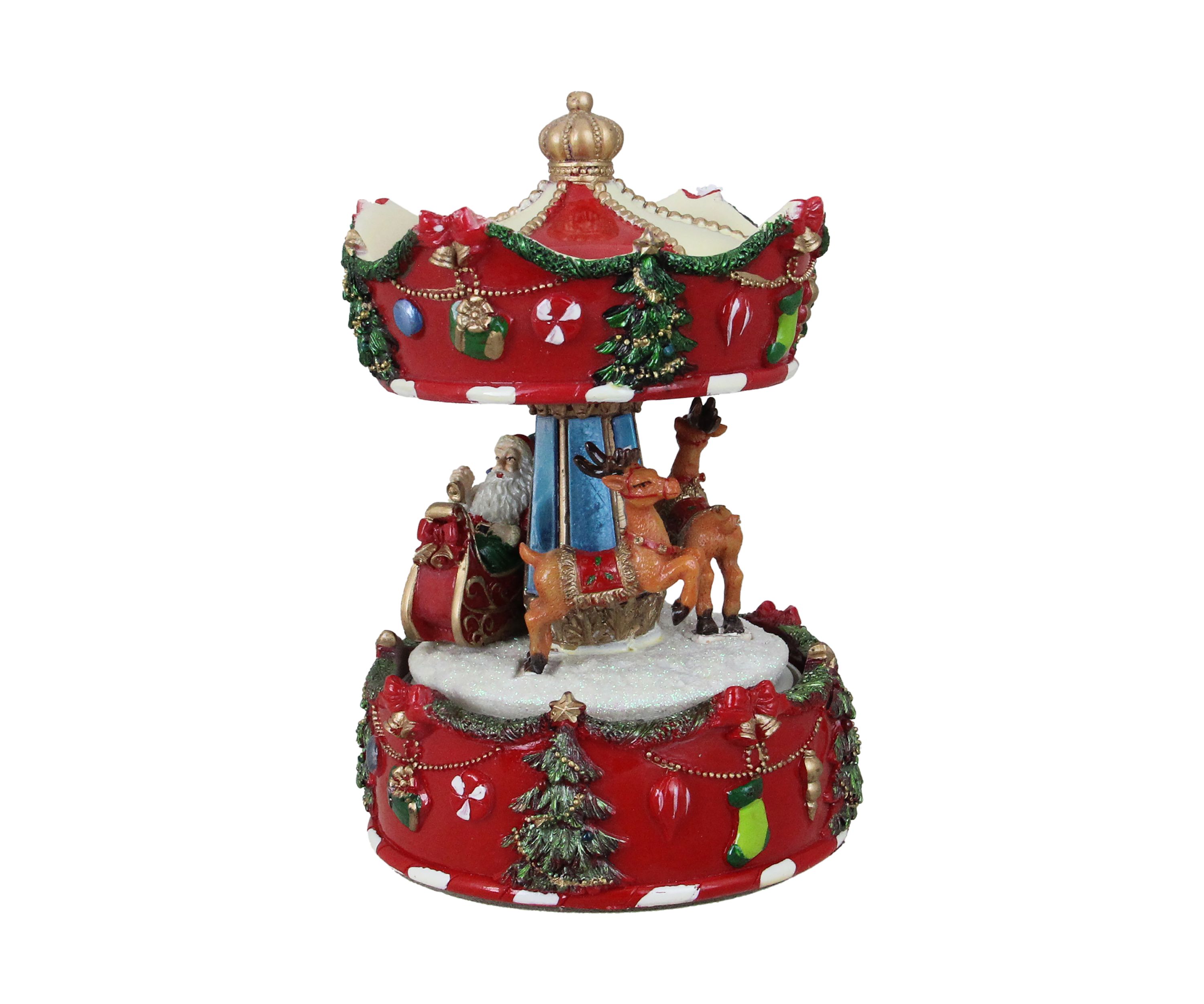 6.5Inch Red Santa and Reindeer Animated Christmas Carousel Music Box