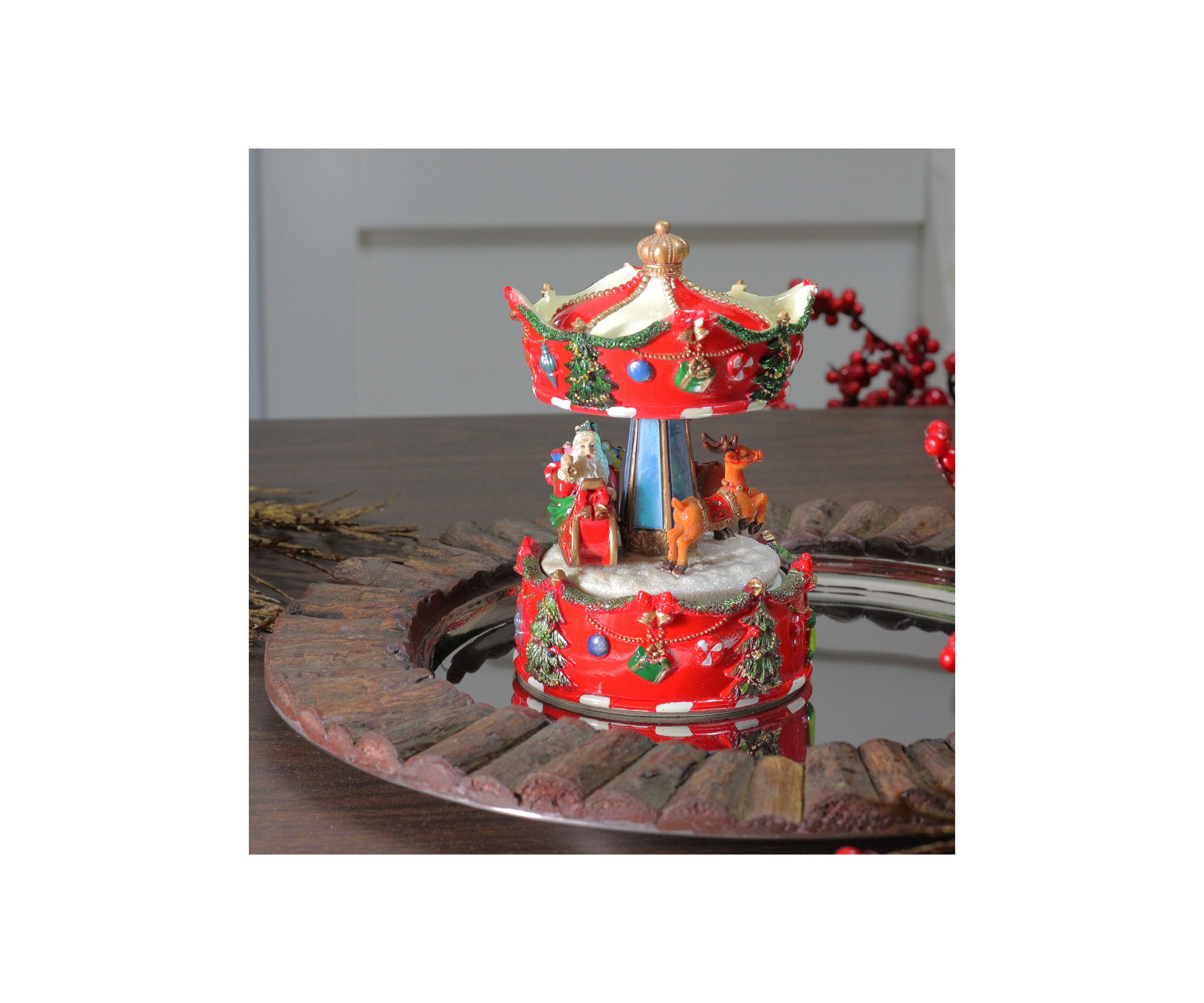 6.5Inch Red Santa and Reindeer Animated Christmas Carousel Music Box