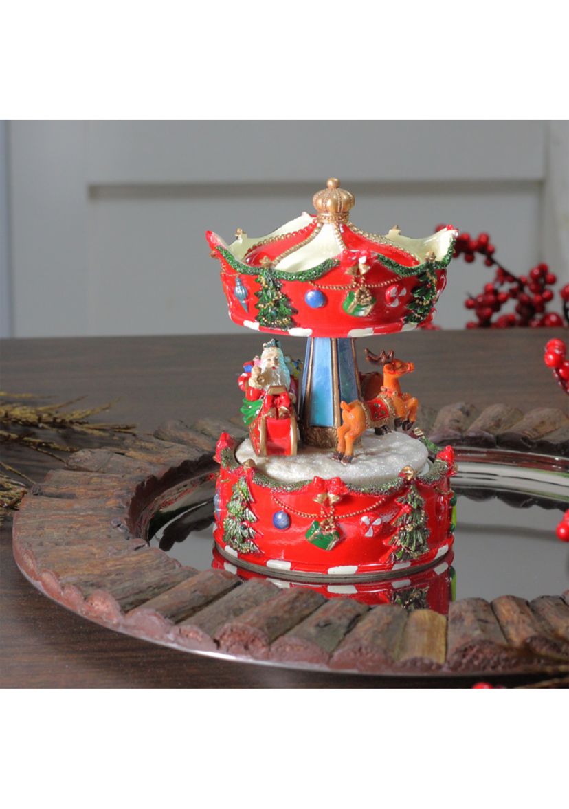 6.5Inch Red Santa and Reindeer Animated Christmas Carousel Music Box