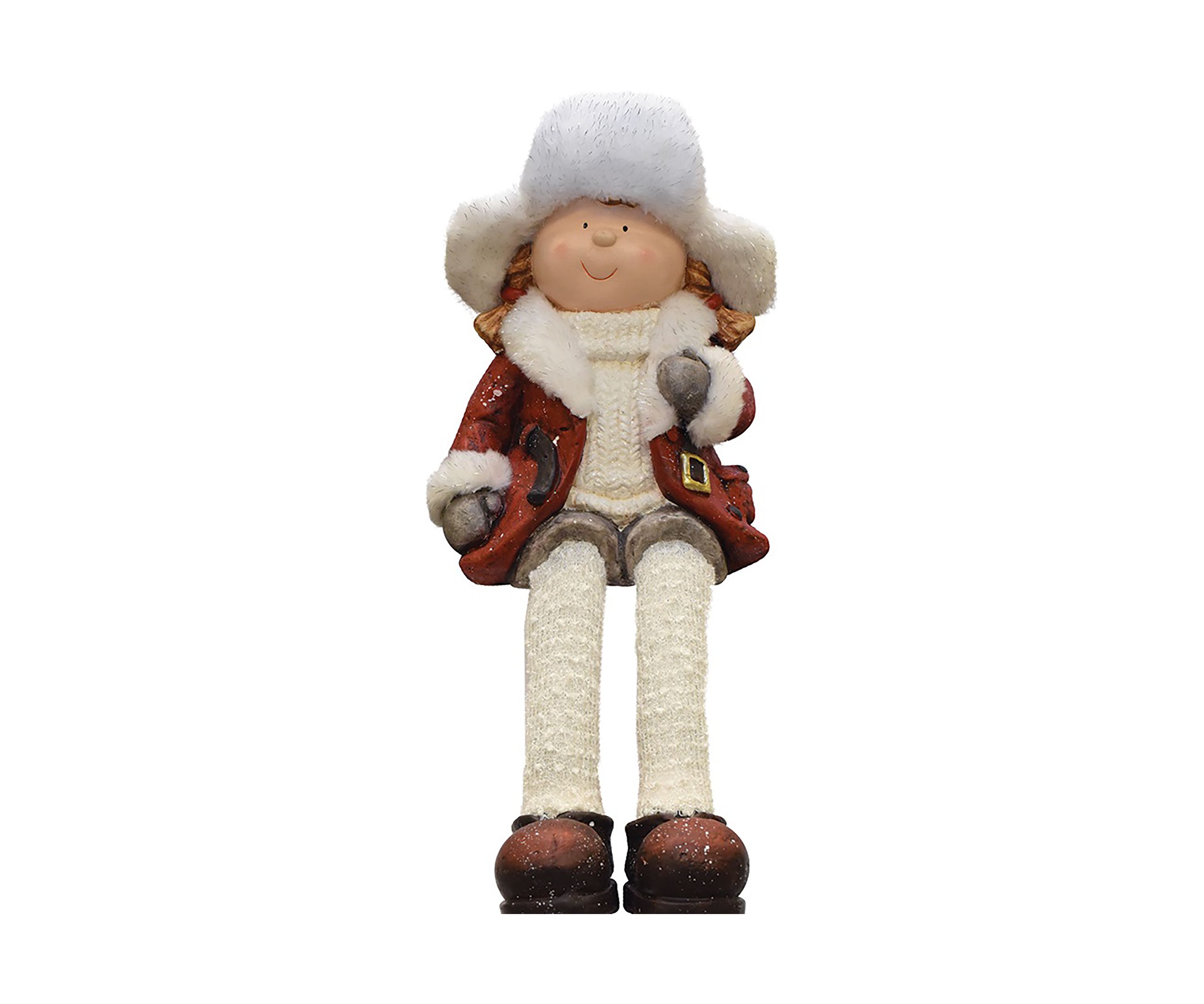 19Inch White and Red Sitting Young Girl in Trapper Hat Christmas Figurine