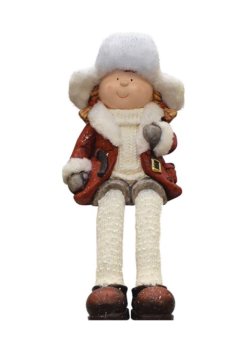 19Inch White and Red Sitting Young Girl in Trapper Hat Christmas Figurine