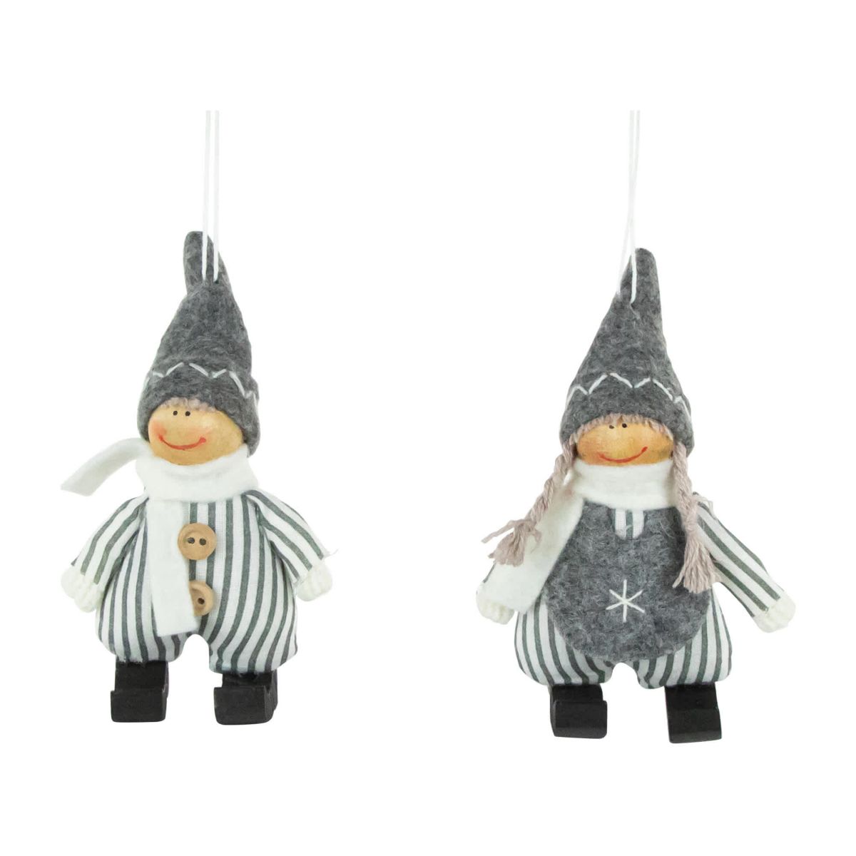 Plush Striped Boy and Girl Christmas Ornaments - 5.5" - Gray and White - Set of 2