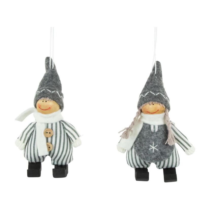 Plush Striped Boy and Girl Christmas Ornaments - 5.5" - Gray and White - Set of 2