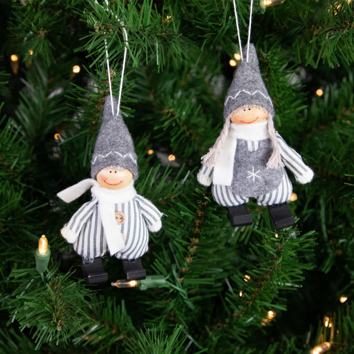 Plush Striped Boy and Girl Christmas Ornaments - 5.5" - Gray and White - Set of 2