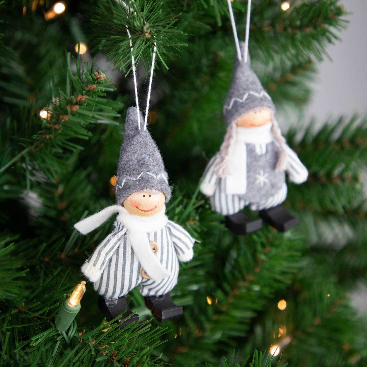 Plush Striped Boy and Girl Christmas Ornaments - 5.5" - Gray and White - Set of 2