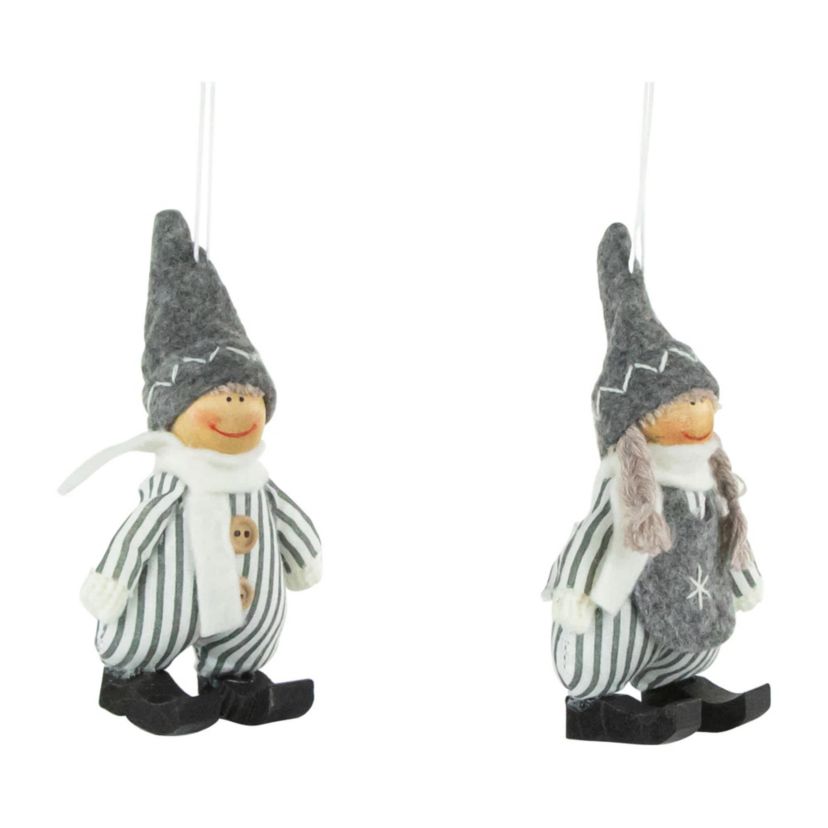 Plush Striped Boy and Girl Christmas Ornaments - 5.5" - Gray and White - Set of 2