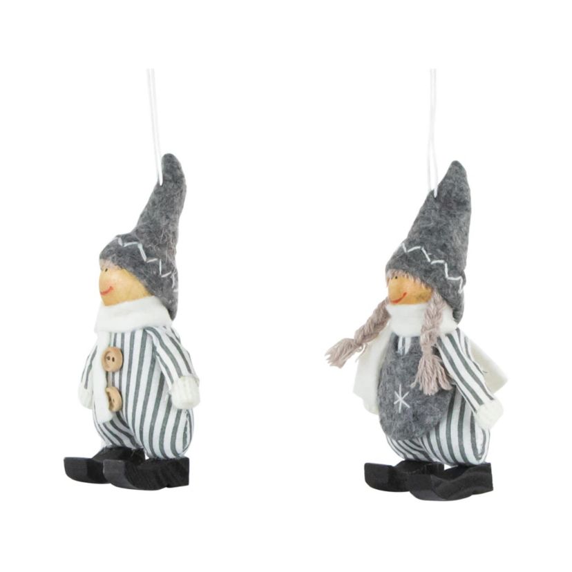 Plush Striped Boy and Girl Christmas Ornaments - 5.5" - Gray and White - Set of 2