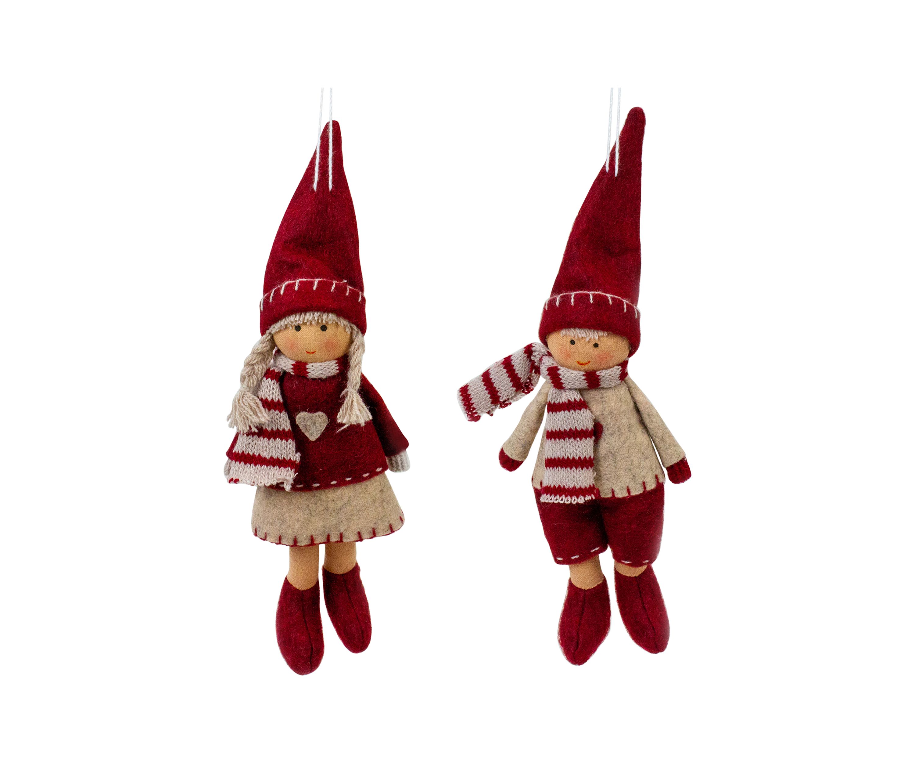 8" Boy and Girl Hanging Doll Christmas Ornaments - Set of 2