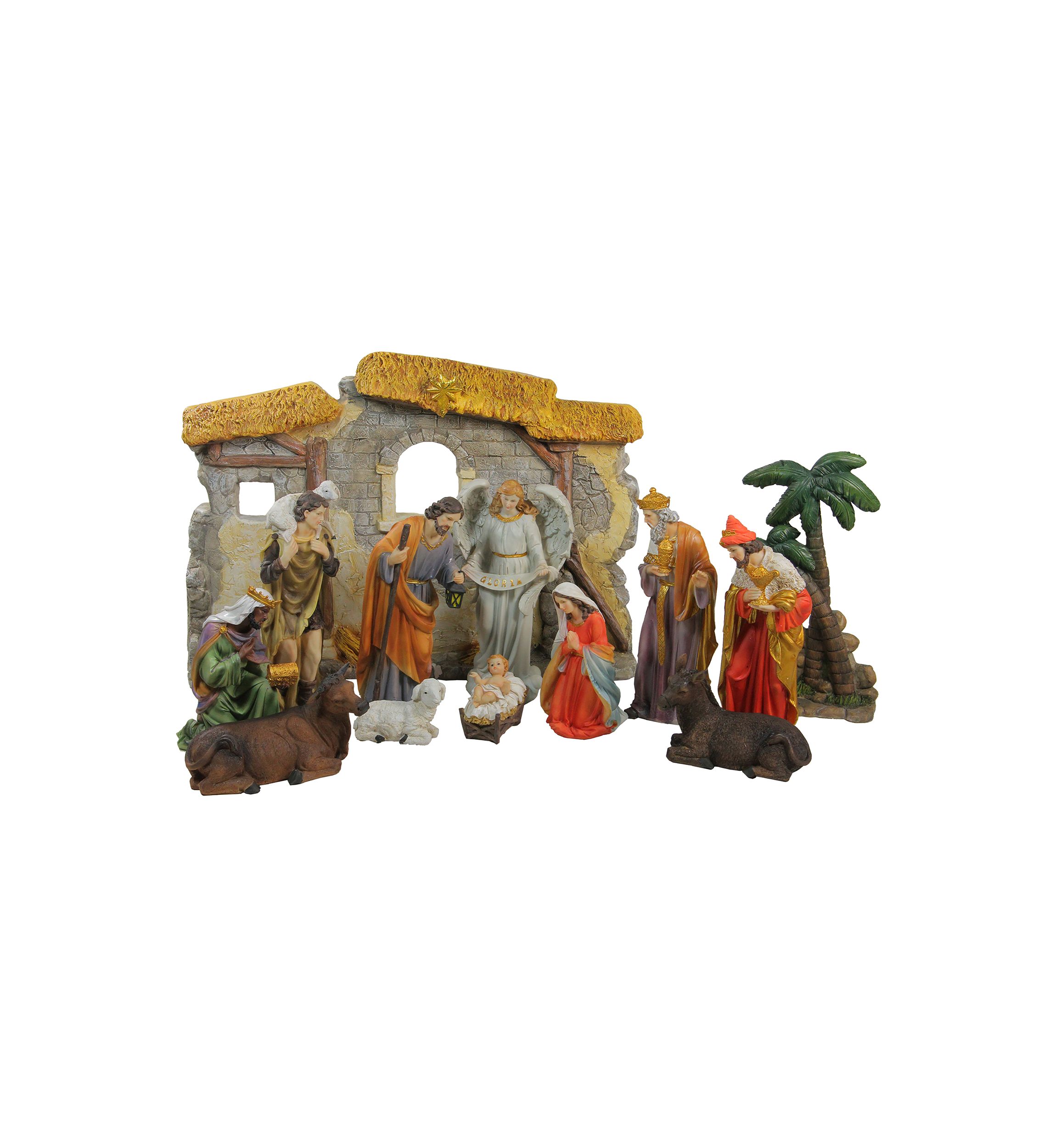 13-Piece Gray Traditional Religious Christmas Nativity Figurine with Stable 23.25Inch