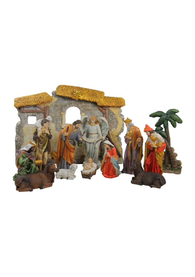 13-Piece Gray Traditional Religious Christmas Nativity Figurine with Stable 23.25Inch