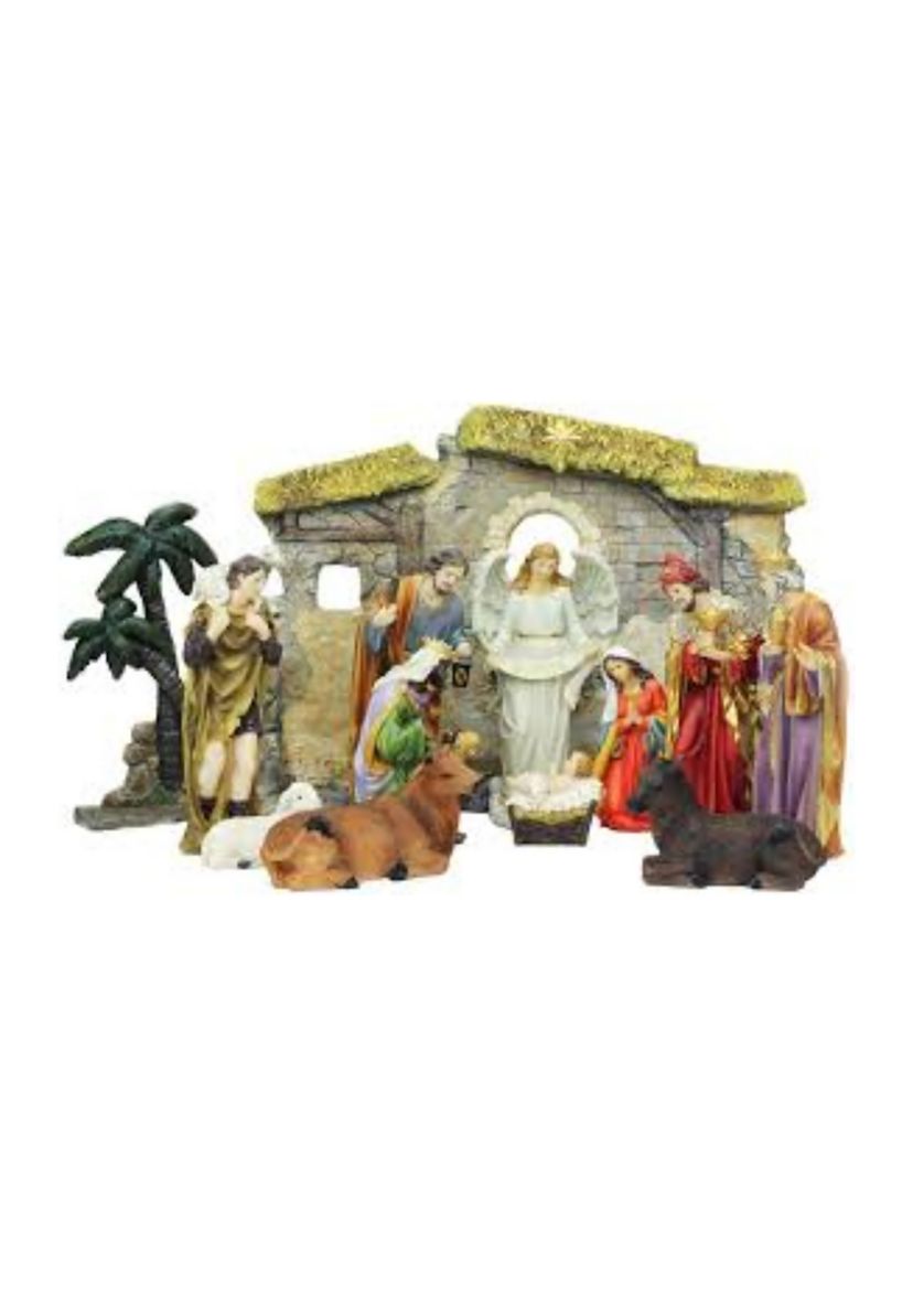 13-Piece Gray Traditional Religious Christmas Nativity Figurine with Stable 23.25Inch