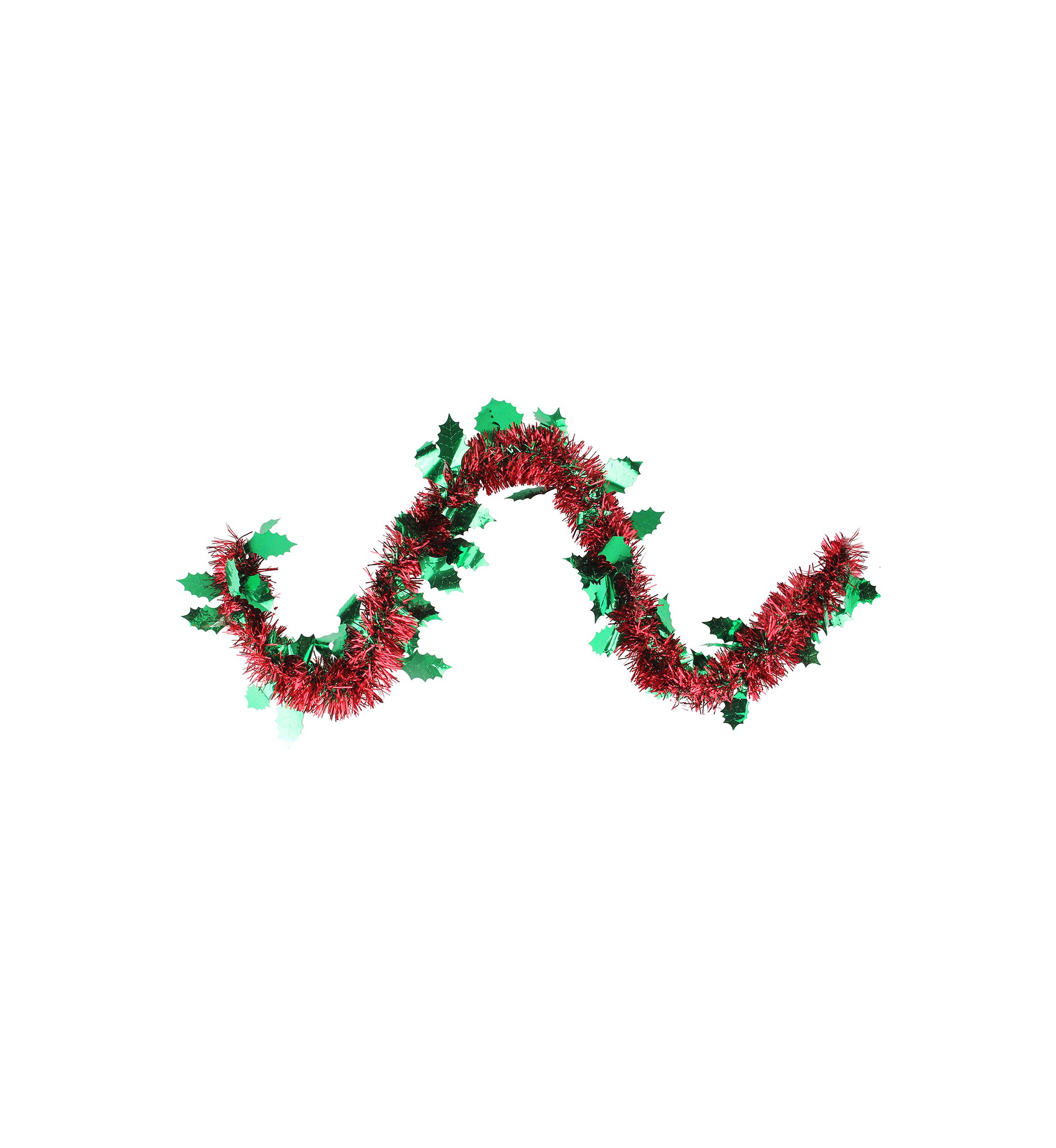 50 Shiny Red Christmas Tinsel Garland with Green Holly - Unlit