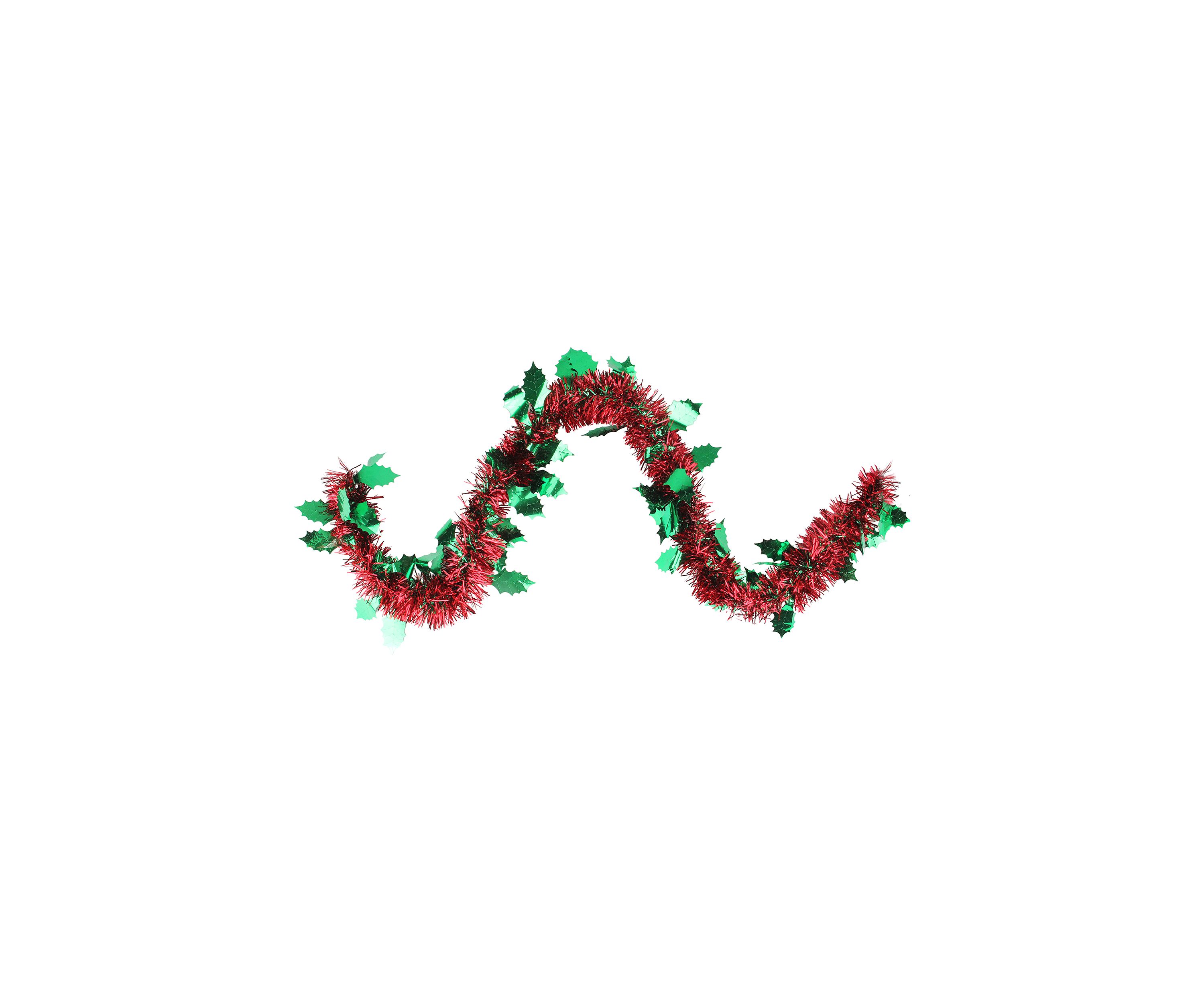 50 Shiny Red Christmas Tinsel Garland with Green Holly - Unlit