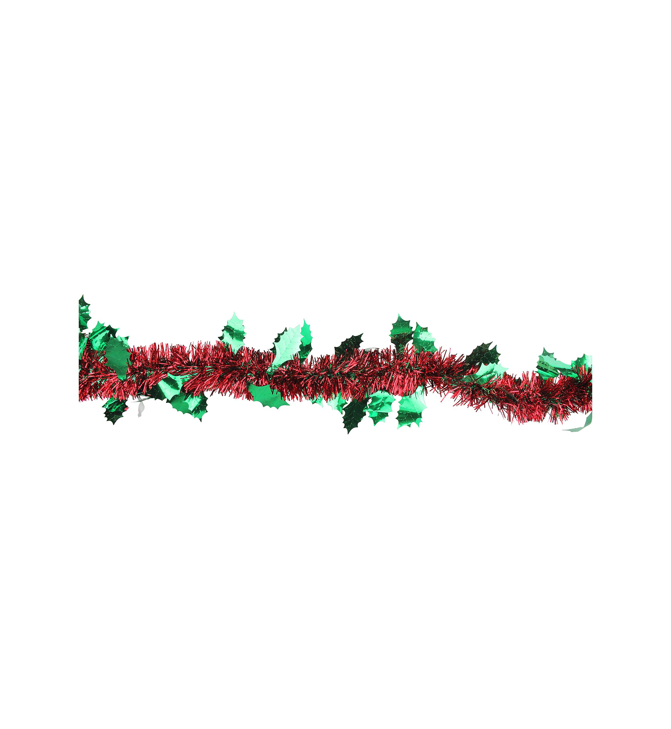 50 Shiny Red Christmas Tinsel Garland with Green Holly - Unlit
