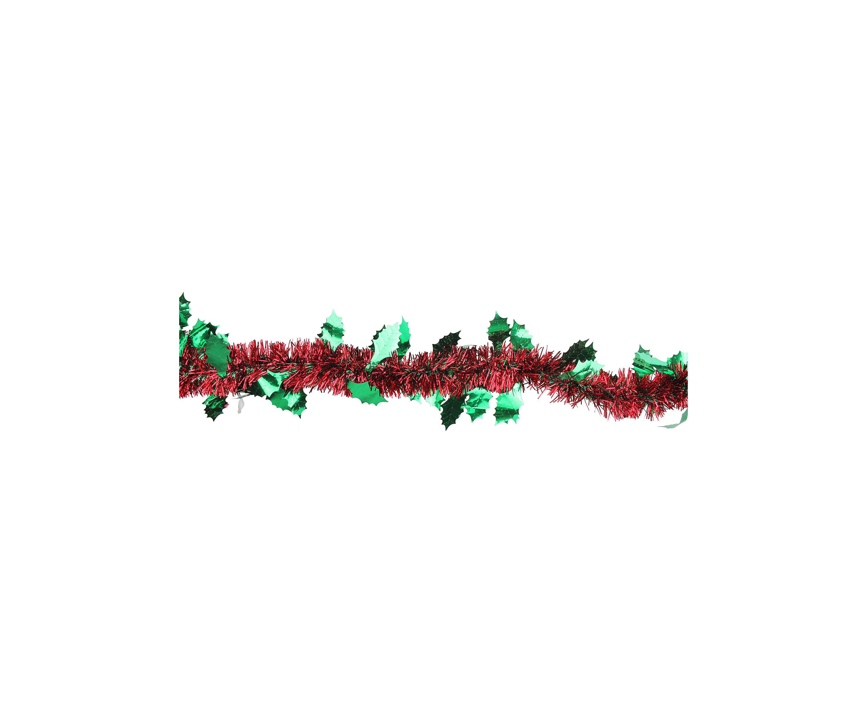 50 Shiny Red Christmas Tinsel Garland with Green Holly - Unlit