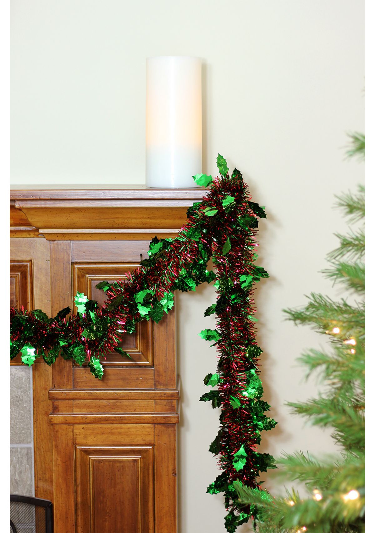 50 Shiny Red Christmas Tinsel Garland with Green Holly - Unlit
