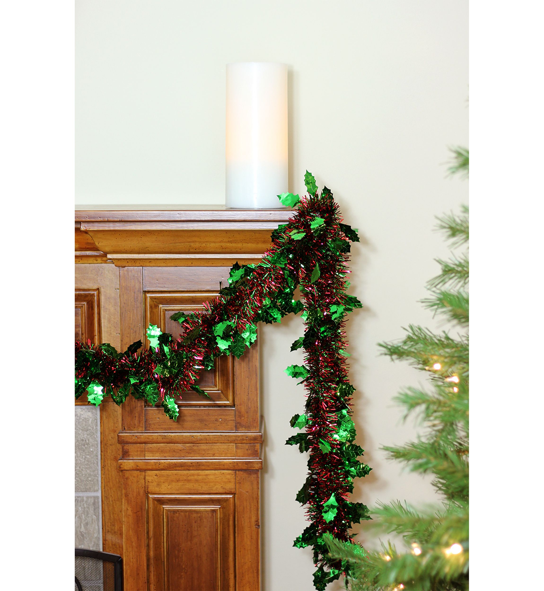 50 Shiny Red Christmas Tinsel Garland with Green Holly - Unlit