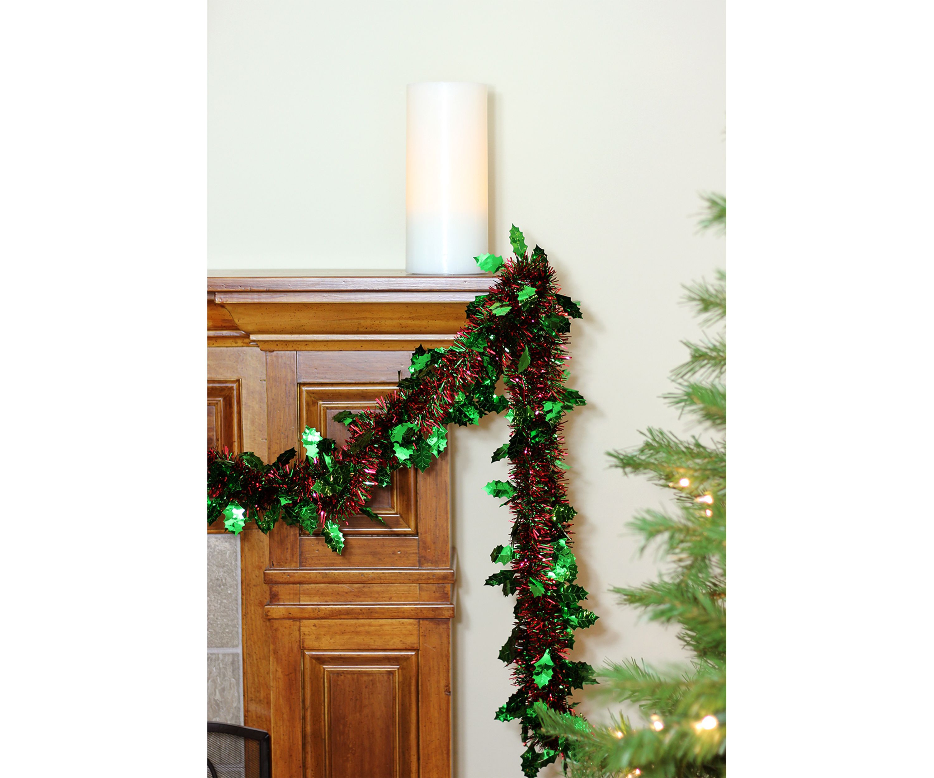 50 Shiny Red Christmas Tinsel Garland with Green Holly - Unlit