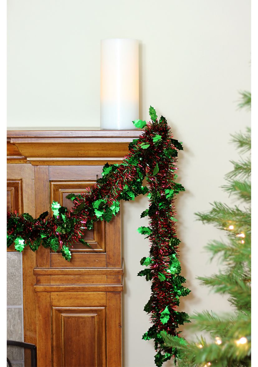 50 Shiny Red Christmas Tinsel Garland with Green Holly - Unlit