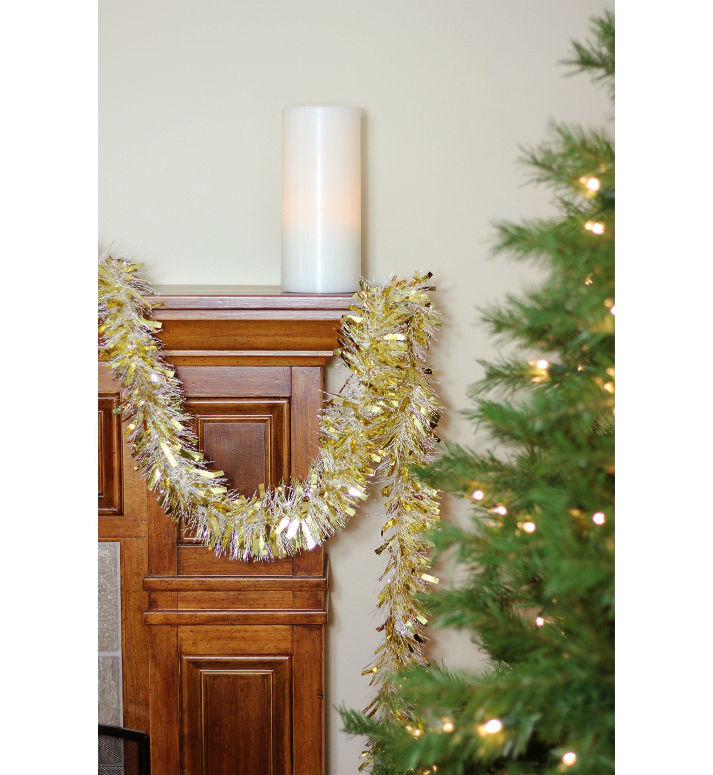 50 Gold and White Wide Cut Christmas Tinsel Garland - Unlit
