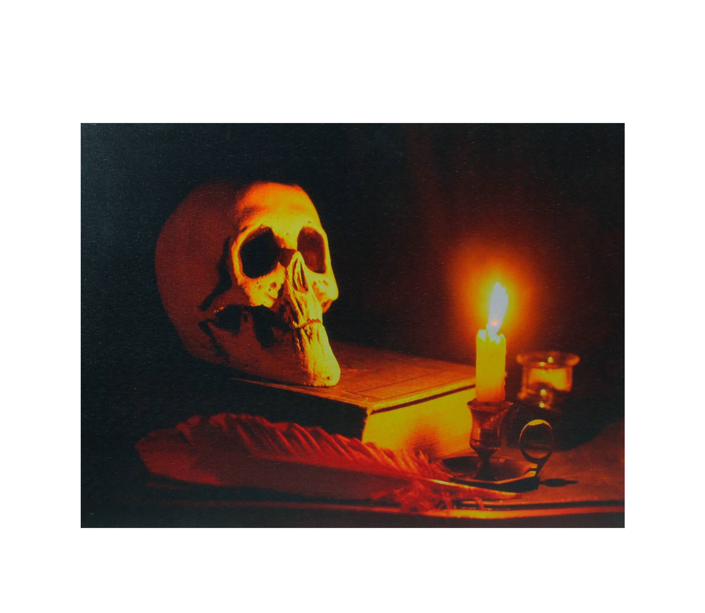 LED Lighted Skull by Flickering Candlelight Halloween Canvas Wall Art 12" x 15.75"