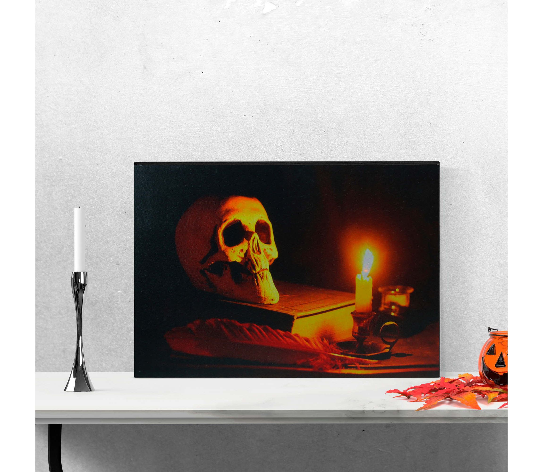 LED Lighted Skull by Flickering Candlelight Halloween Canvas Wall Art 12" x 15.75"