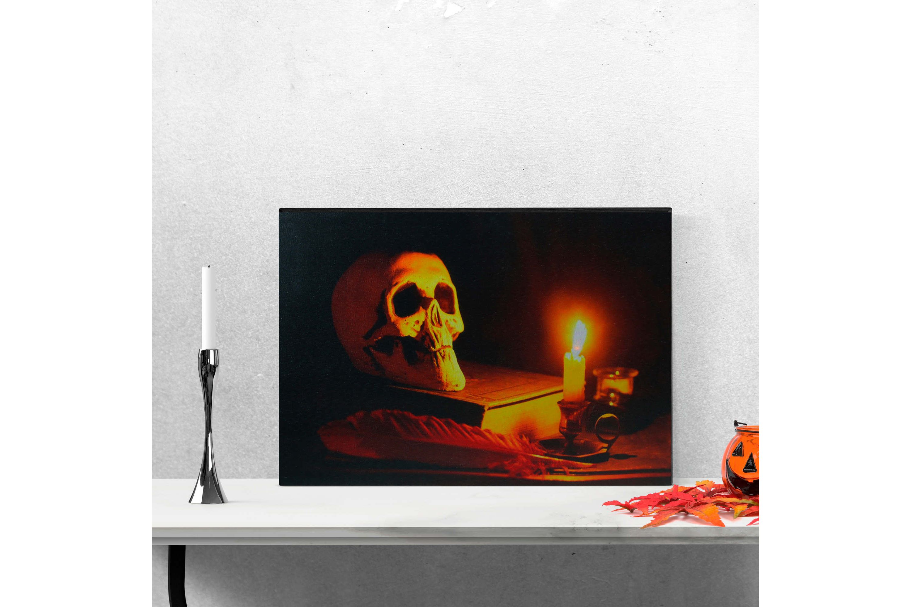 LED Lighted Skull by Flickering Candlelight Halloween Canvas Wall Art 12" x 15.75"
