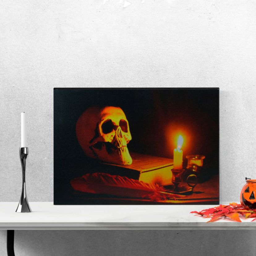 LED Lighted Skull by Flickering Candlelight Halloween Canvas Wall Art 12" x 15.75"