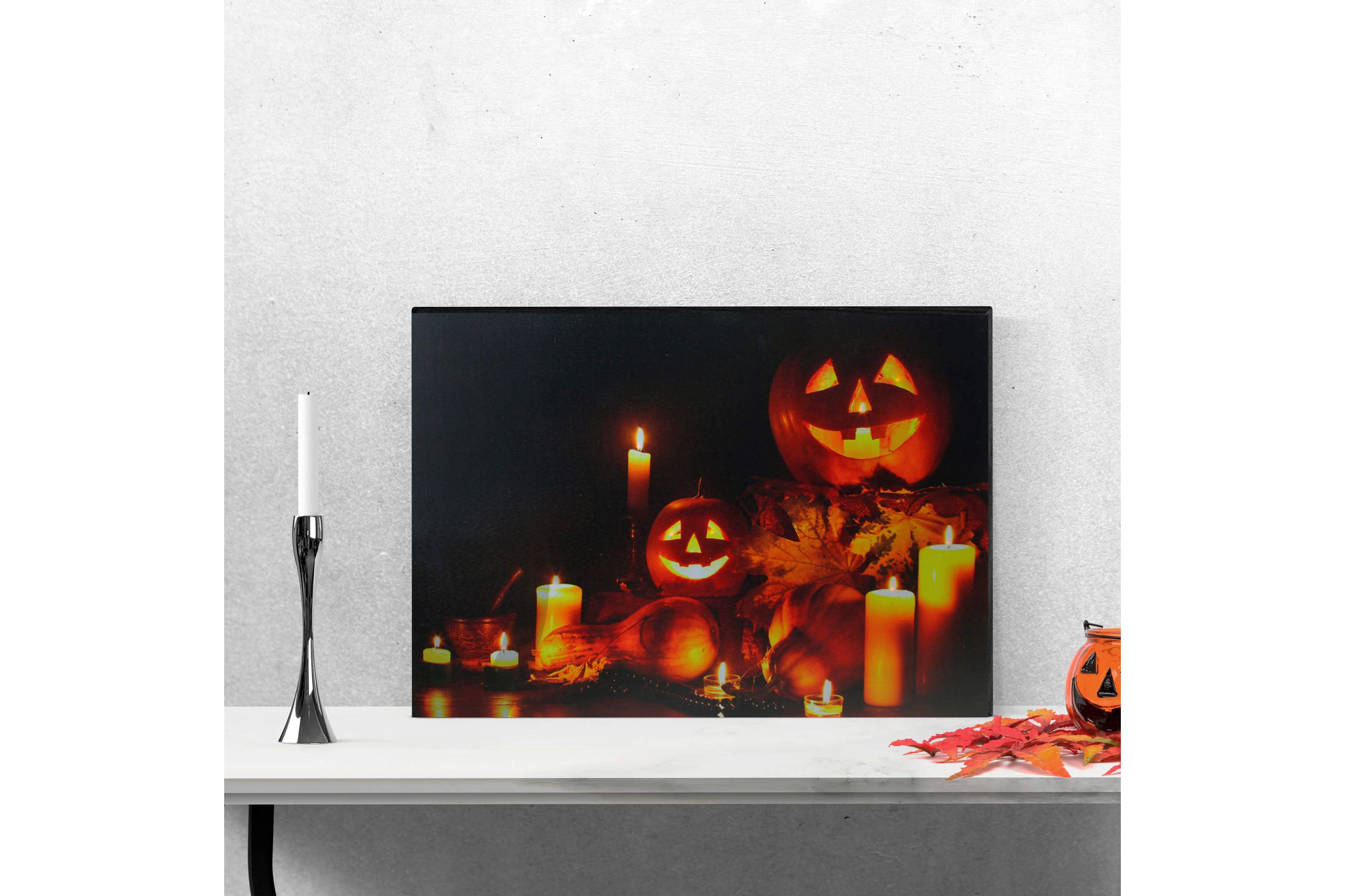 LED Lighted Jack-O-Lanterns and Leaves Halloween Canvas Wall Art 15.75" x 23.5"