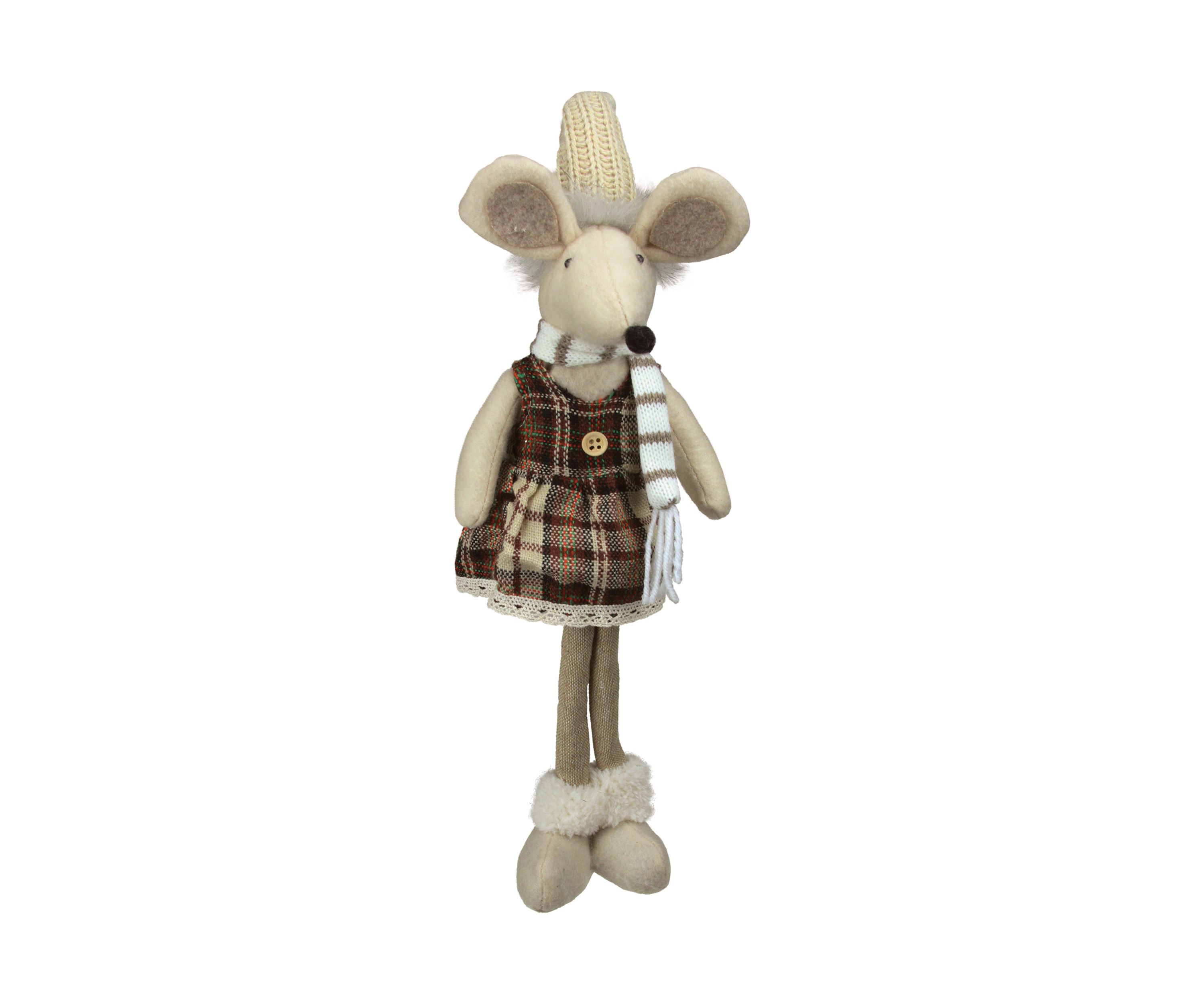 21Inch Beige and Brown Standing Girl Mouse in Plaid Dress Christmas Tabletop Figure