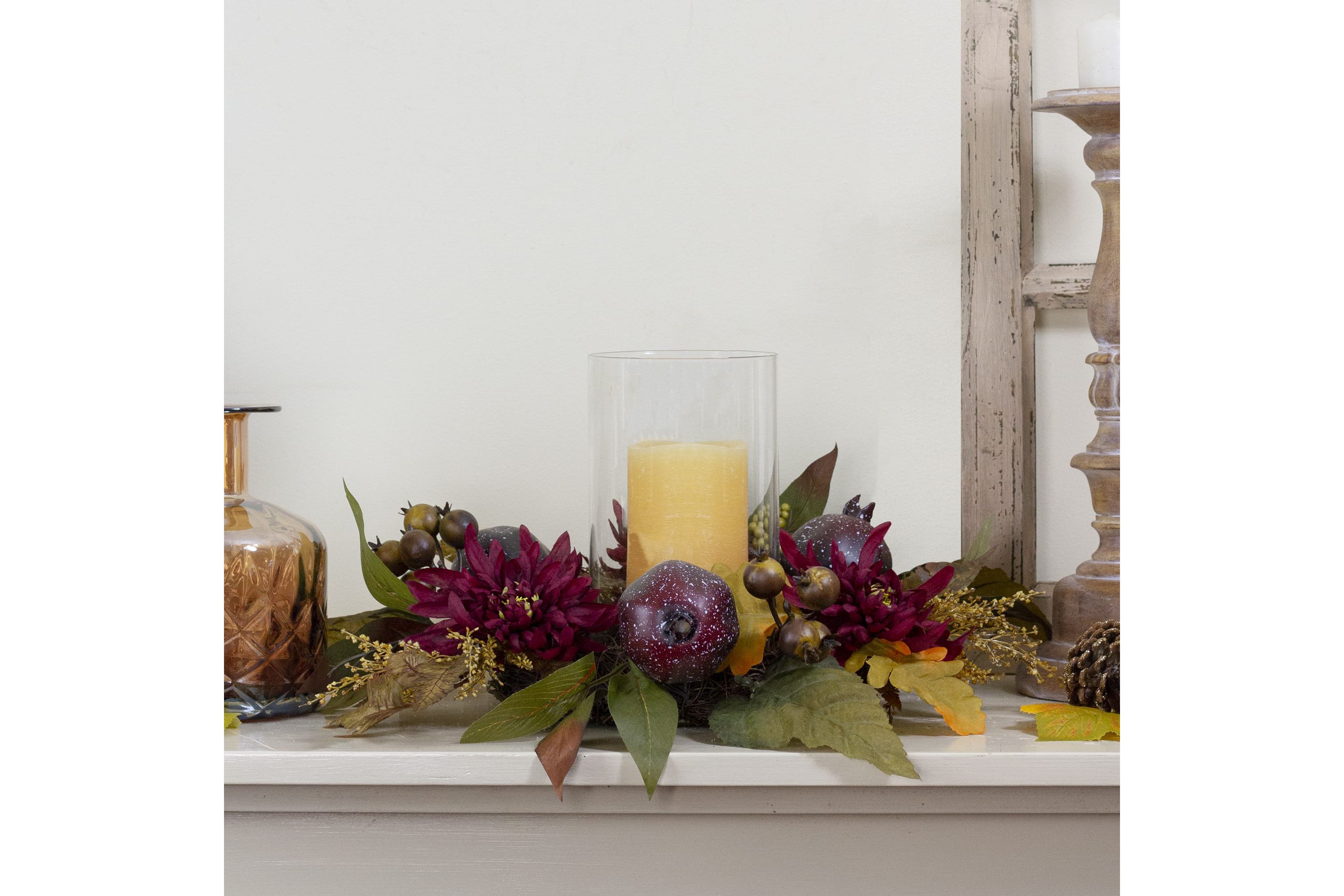 Fall Apple Glass Hurricane Pillar Candle Holder Thanksgiving Centerpiece - 15"