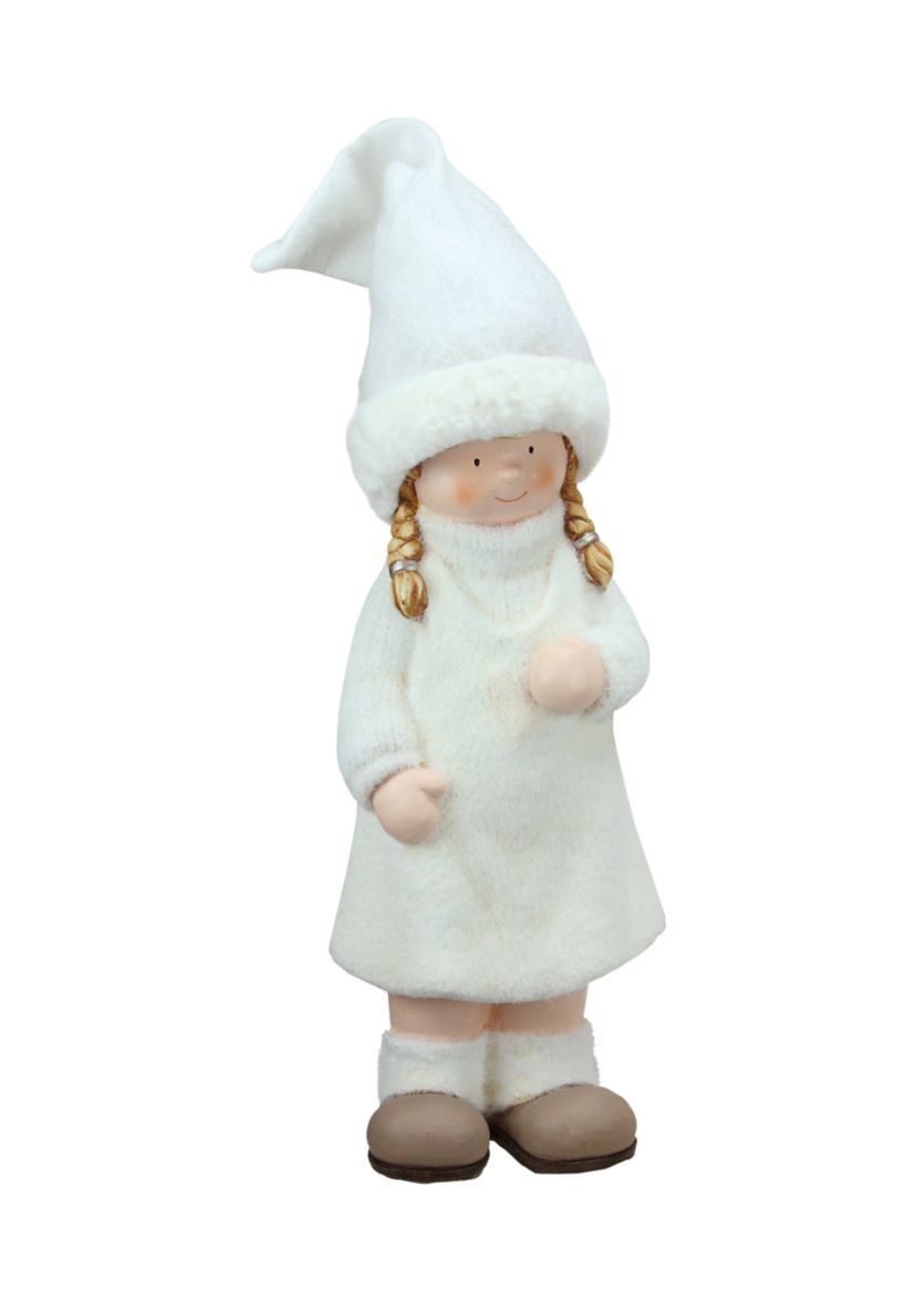 19 Inch White and Beige Winter Girl with Tall Hat Christmas Table Top Figure