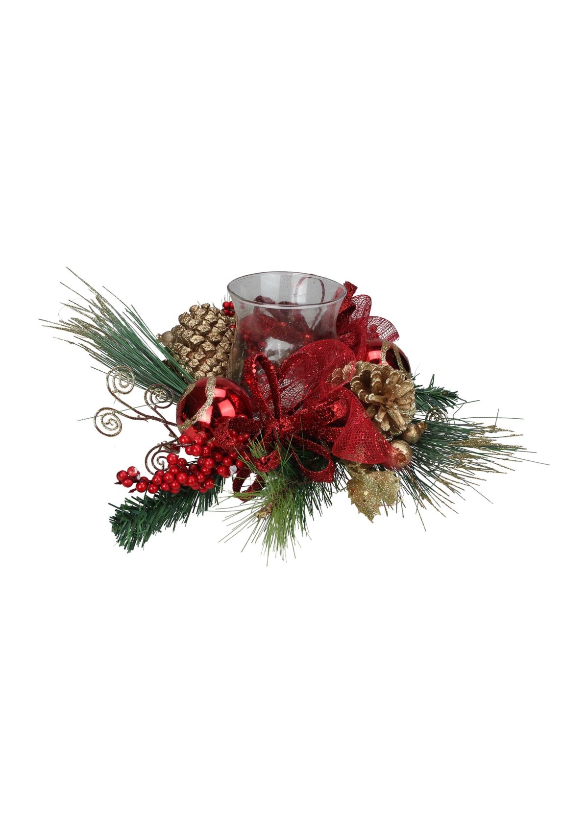 18Inch Pine Sprigs and Glittered Berries Christmas Hurricane Candle Holder