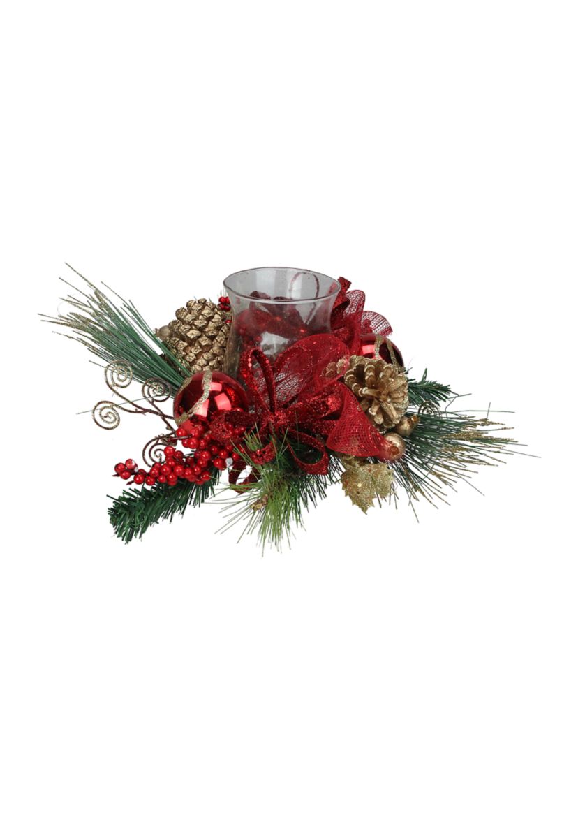 18Inch Pine Sprigs and Glittered Berries Christmas Hurricane Candle Holder